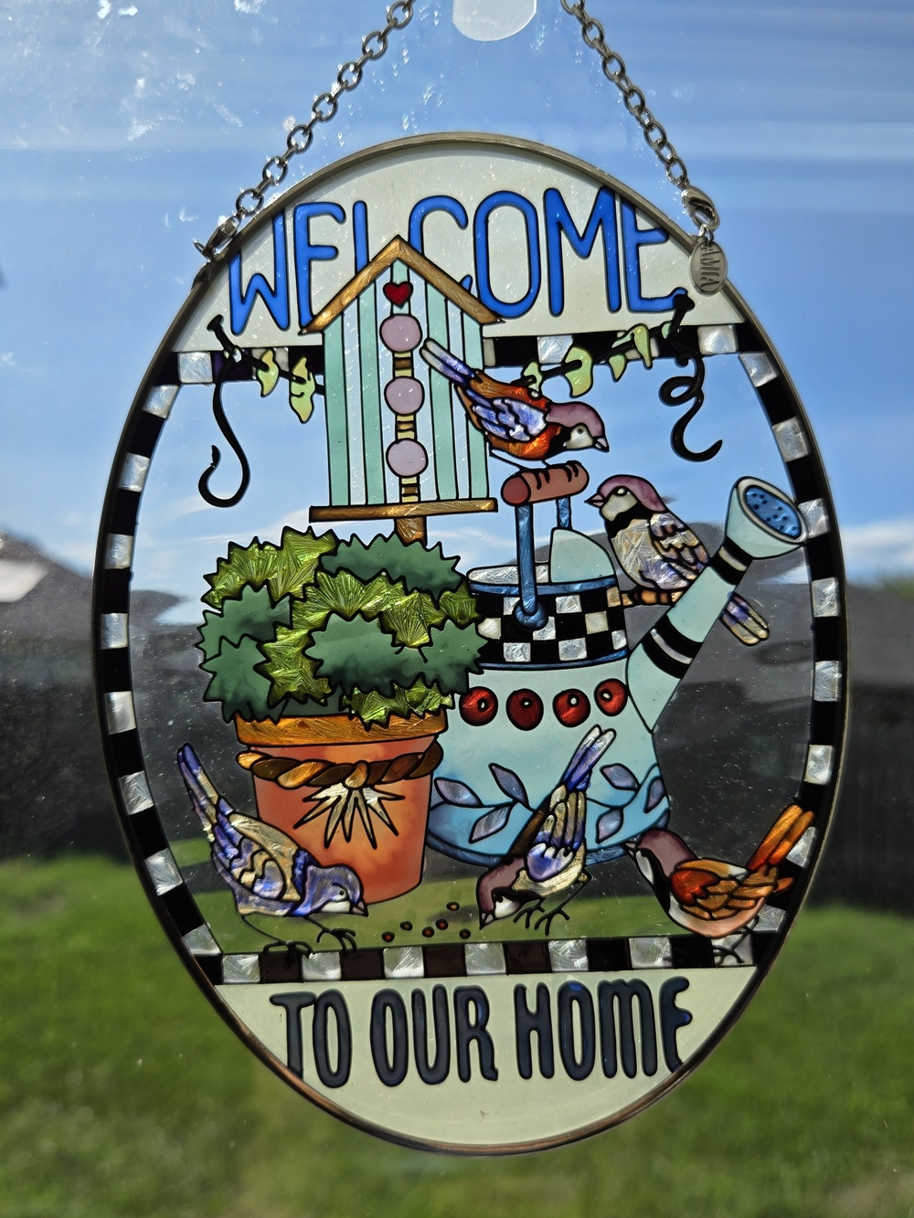 AMIA Hand Painted Glass Suncatcher Welcome To Our Home Birds 5x7 NIB